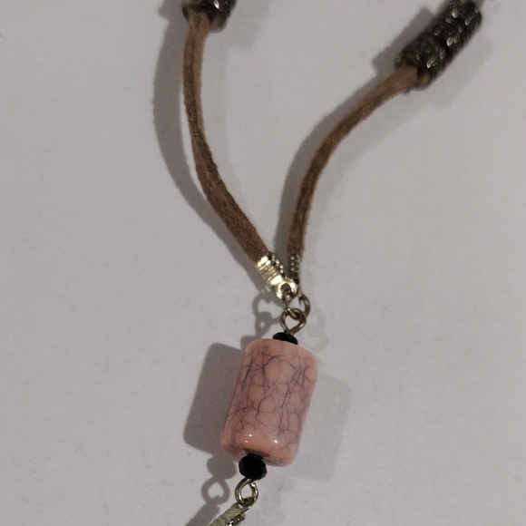 🌟 Gold-Tone Brown Cord Colorful Beaded Necklace w/ Beads Cluster Pendant, Chic - Picture 10 of 12